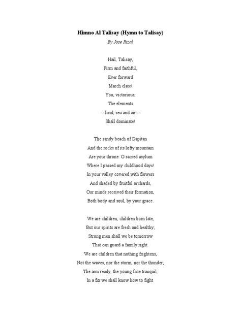 Himno Al Talisay (Hymn To Talisay) : by Jose Rizal.